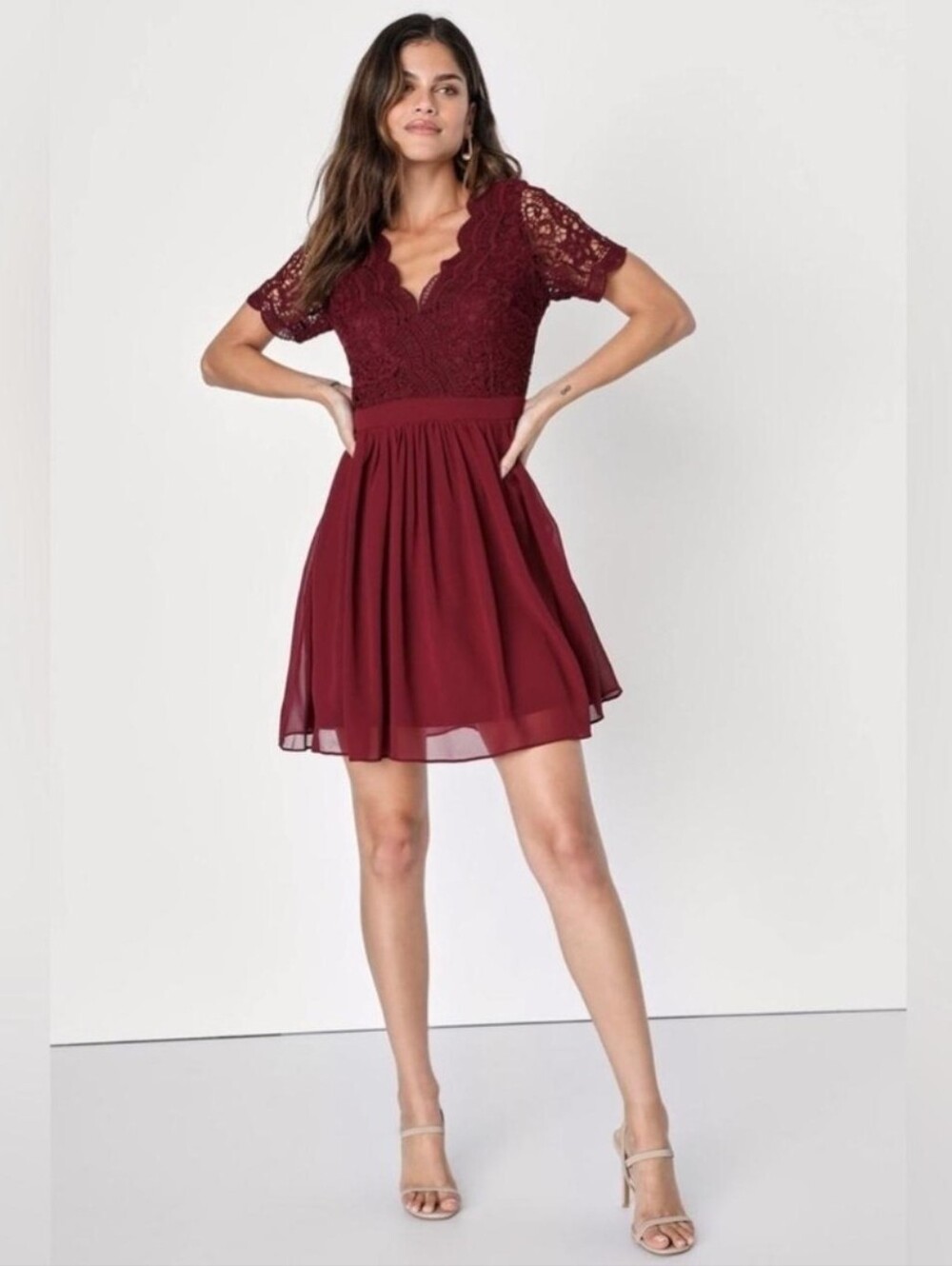 Lulu's Burgundy Lace Fit & Flare Mini Dress- XS